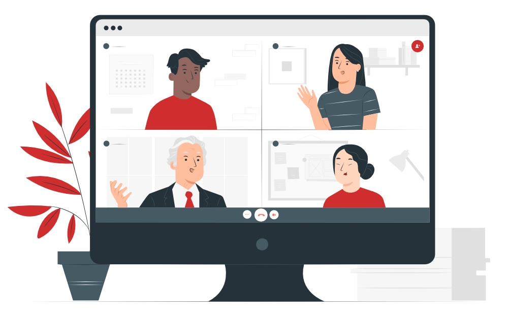 Illustration einer Videokonferenz zu viert auf einem Desktop-Bildschirm